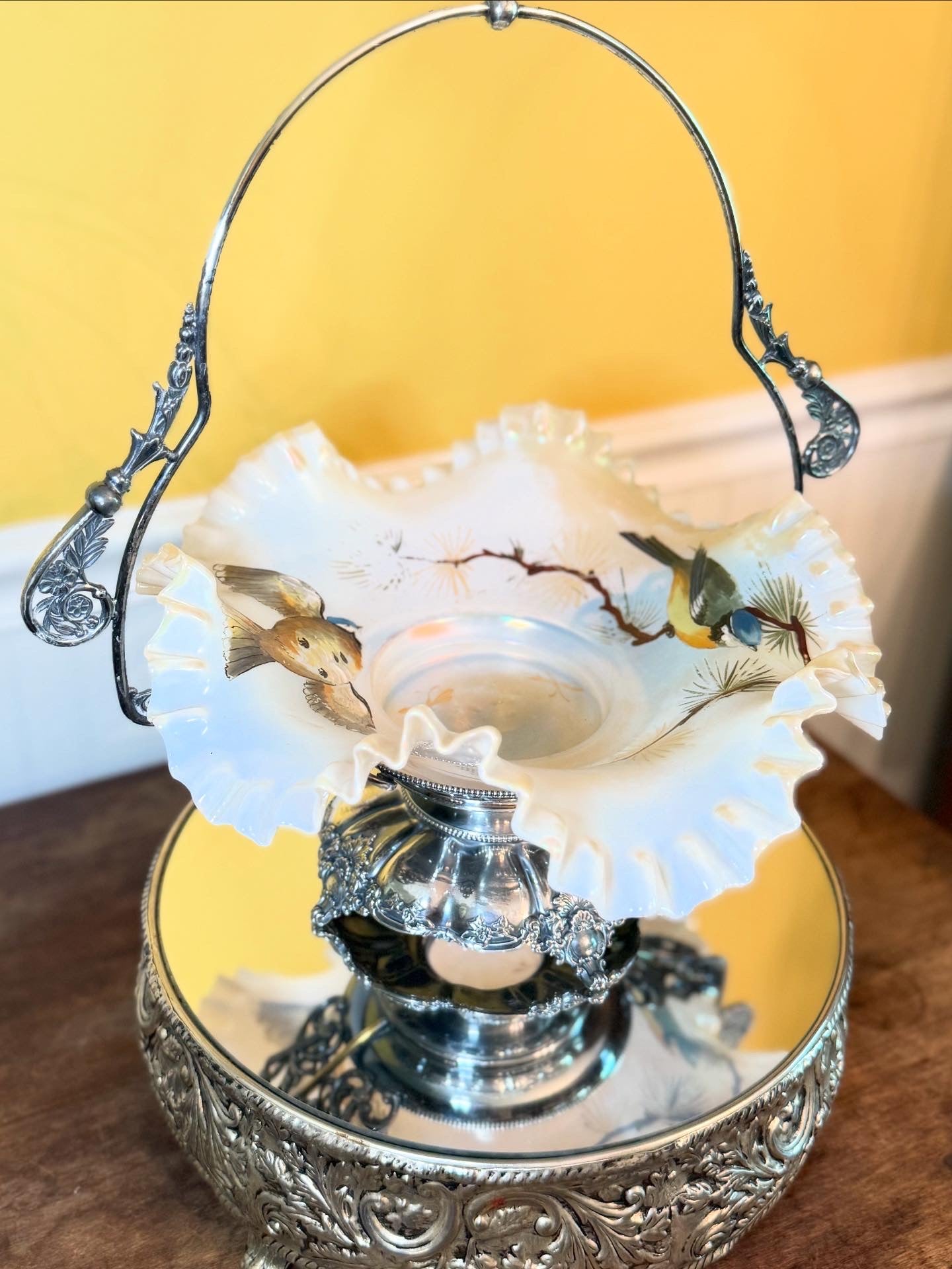 Antique Bridal Basket & Opalescent Bowl