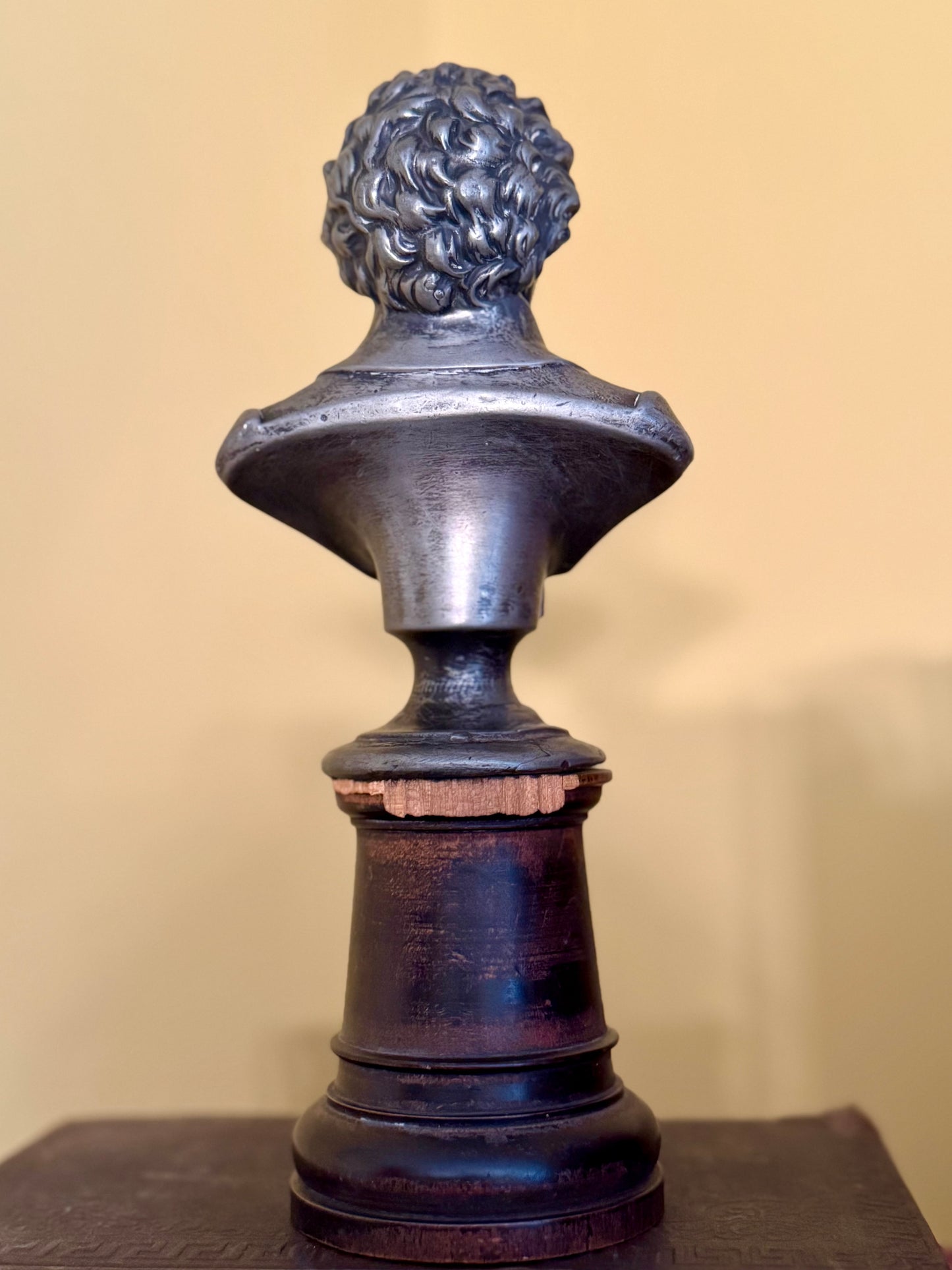 Silver-Plated Antique Beethoven Bust on Wood Pedestal