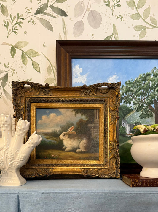 Vintage Bunny Oil Painting in Ornate Wooden Frame