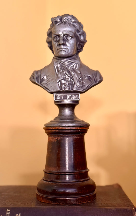 Silver-Plated Antique Beethoven Bust on Wood Pedestal