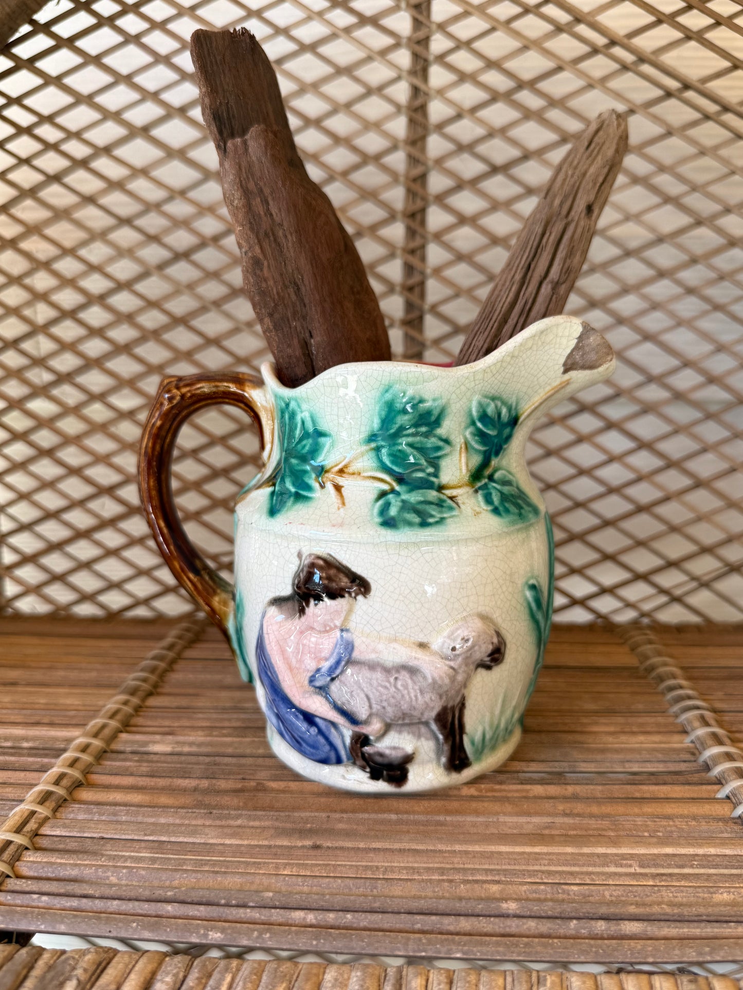 Antique Majolica Goat & Shepherd Jug