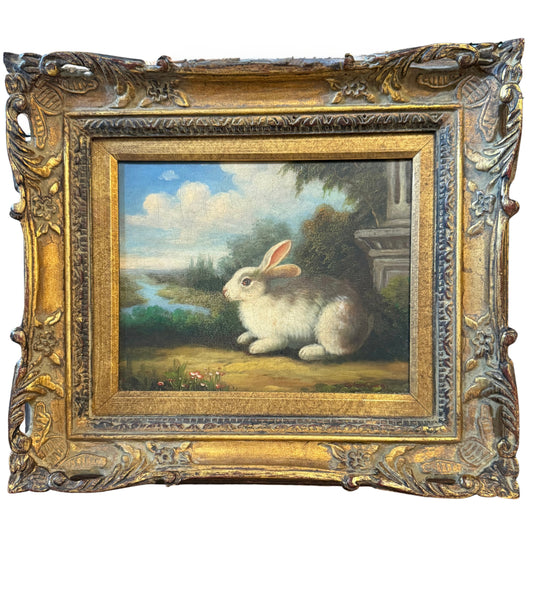 Vintage Bunny Oil Painting in Ornate Wooden Frame