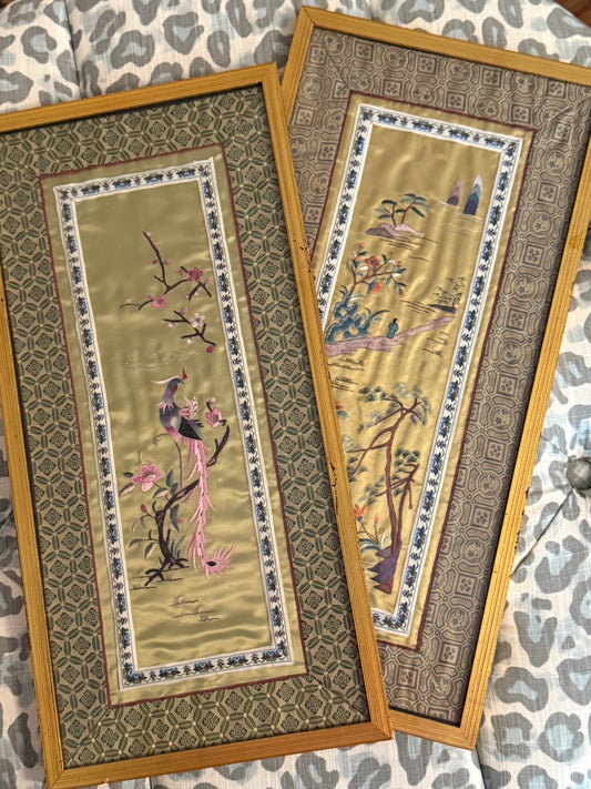 Pair of Hand-Embroidered Silk Panels