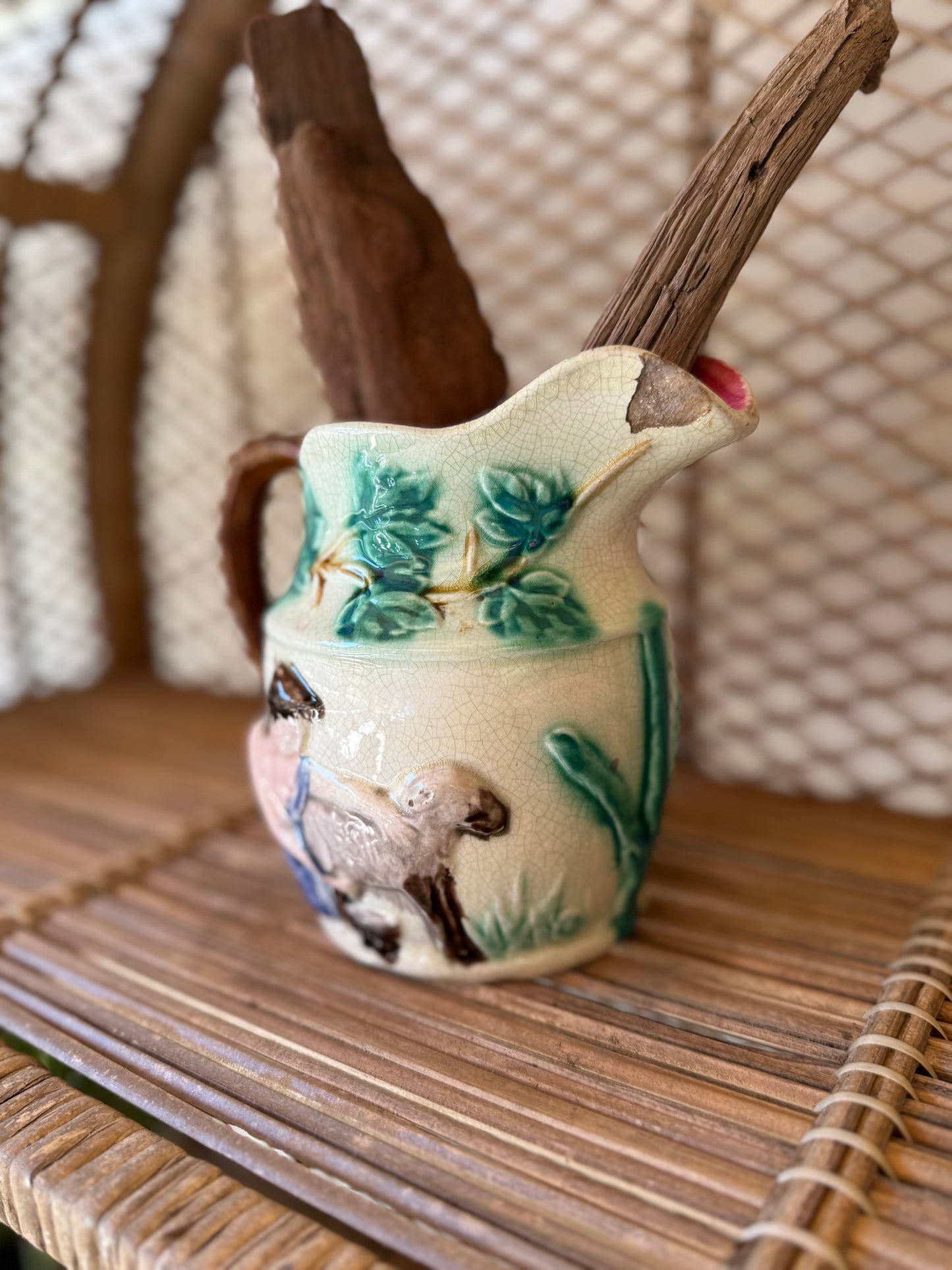 Antique Majolica Goat & Shepherd Jug