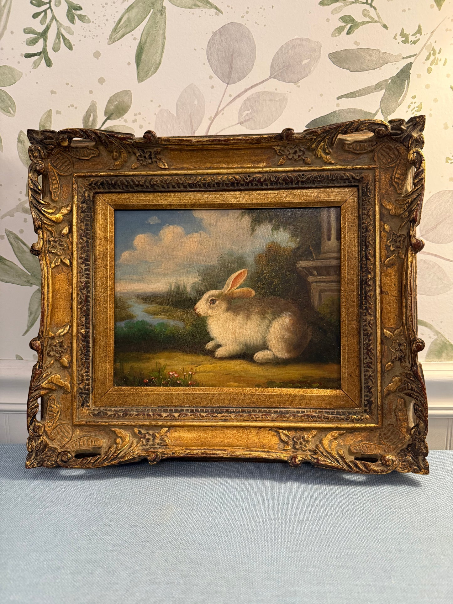 Vintage Bunny Oil Painting in Ornate Wooden Frame