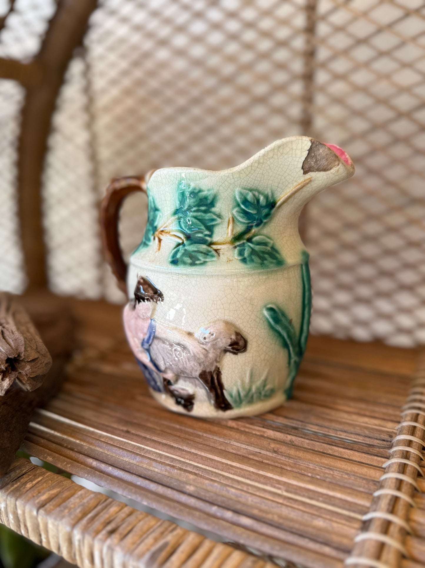 Antique Majolica Goat & Shepherd Jug