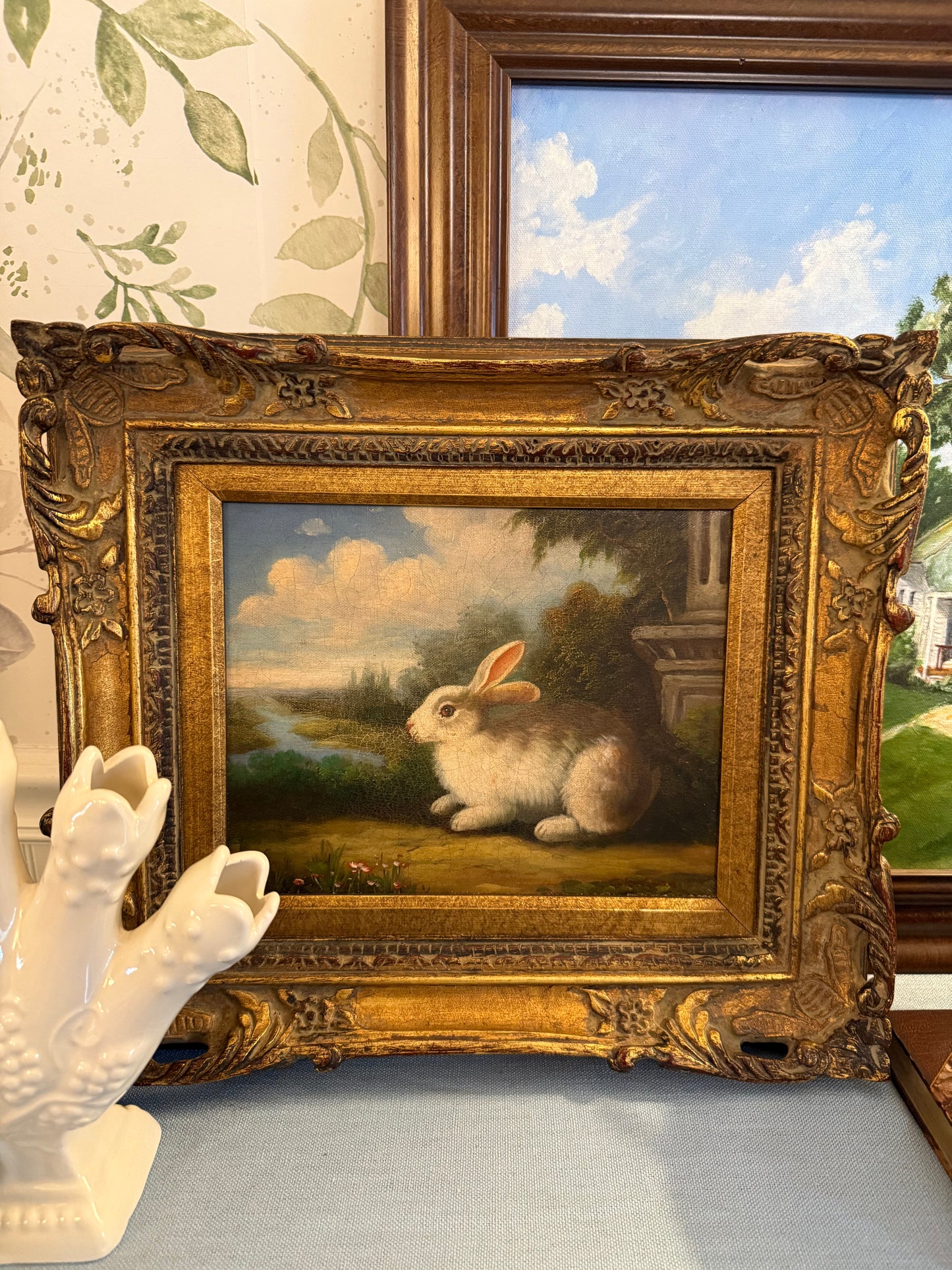 Vintage Bunny Oil Painting in Ornate Wooden Frame