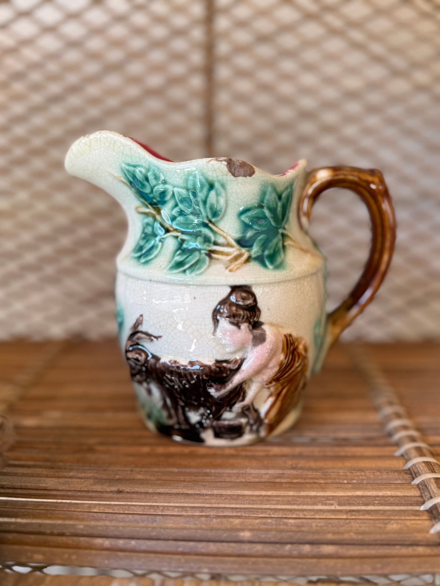 Antique Majolica Goat & Shepherd Jug