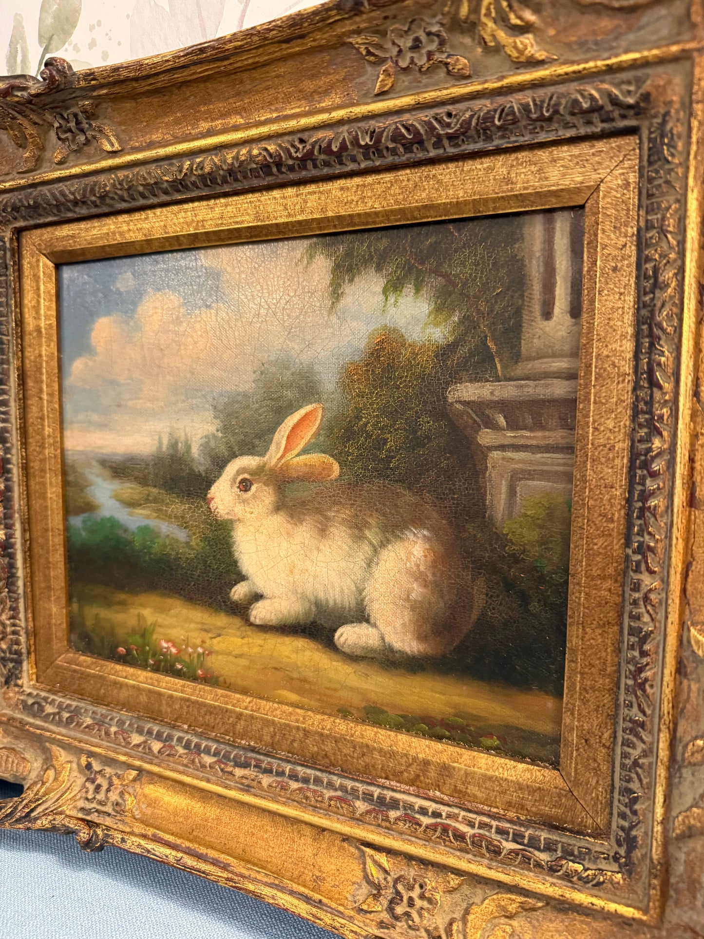 Vintage Bunny Oil Painting in Ornate Wooden Frame