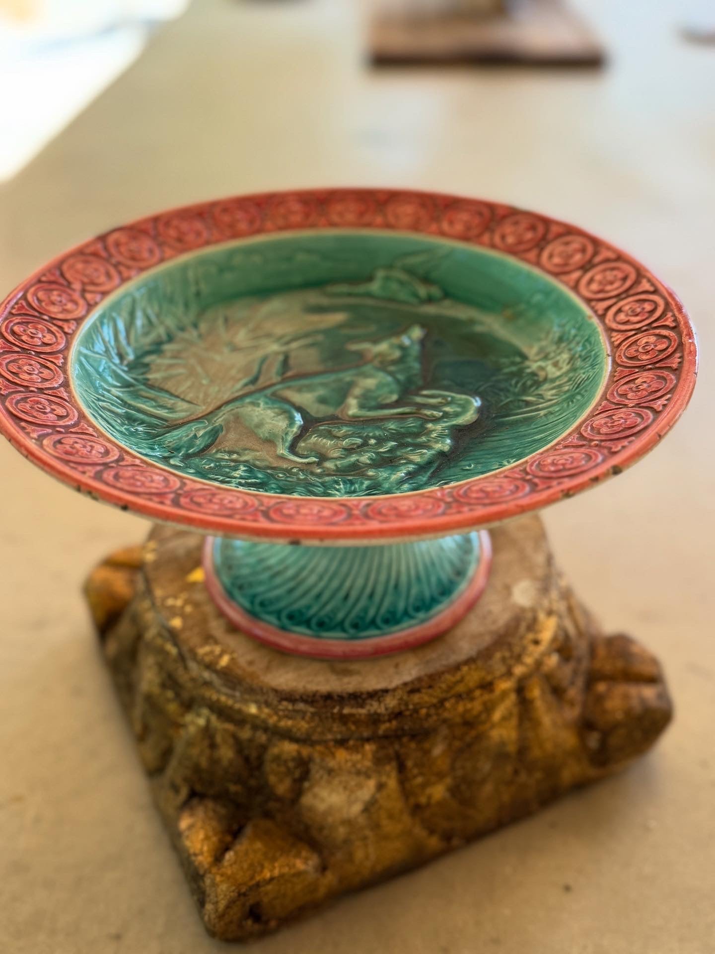 Antique Majolica Fox & Goose Compote