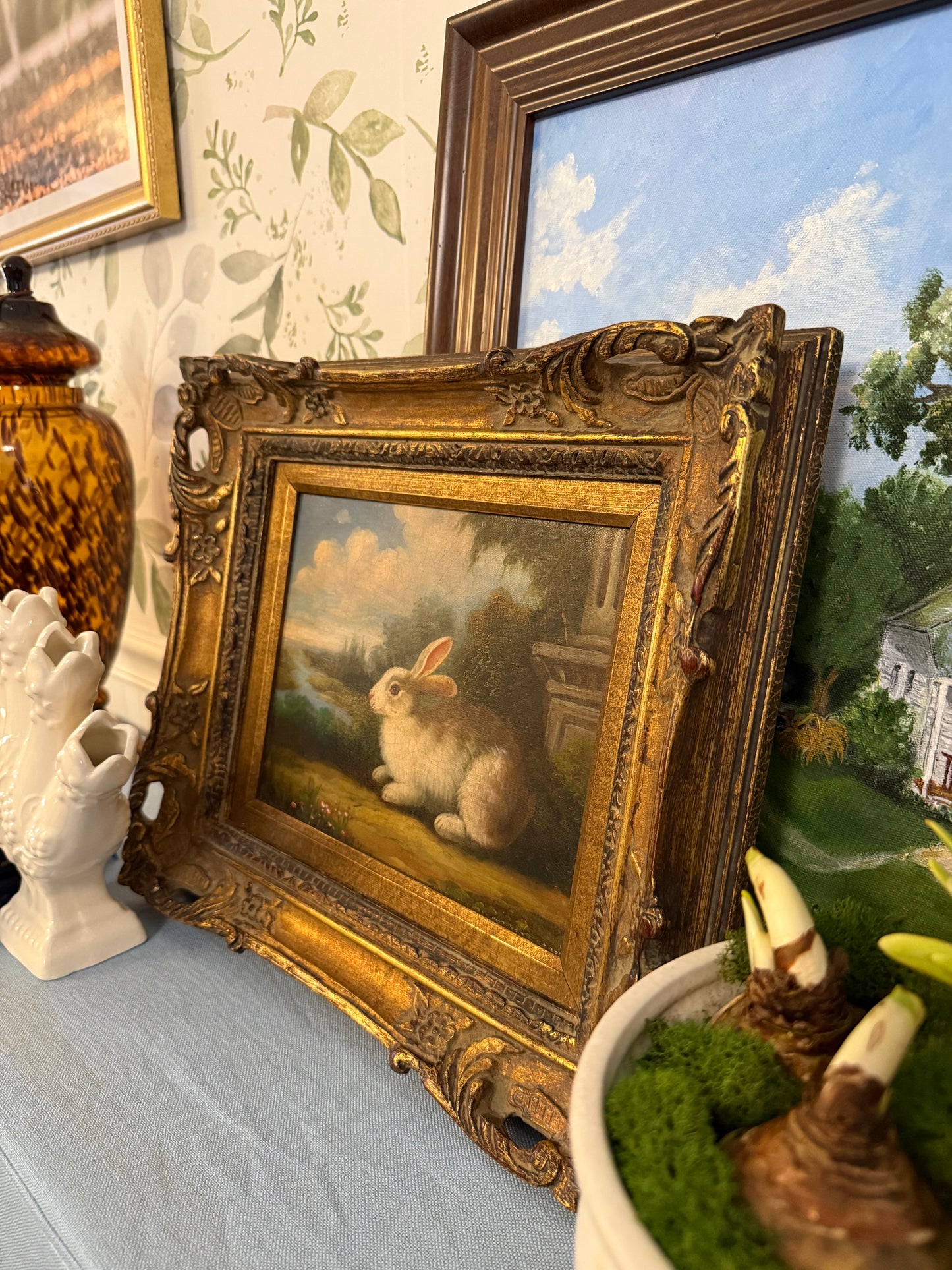 Vintage Bunny Oil Painting in Ornate Wooden Frame