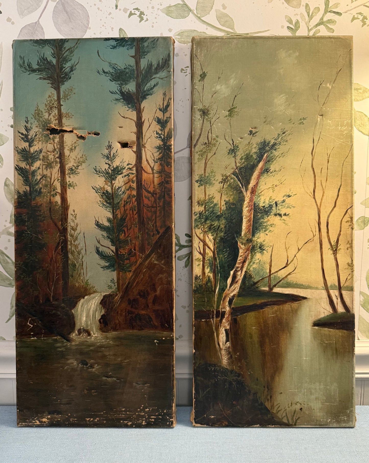 Pair of Antique Hand-Painted Landscape Panels