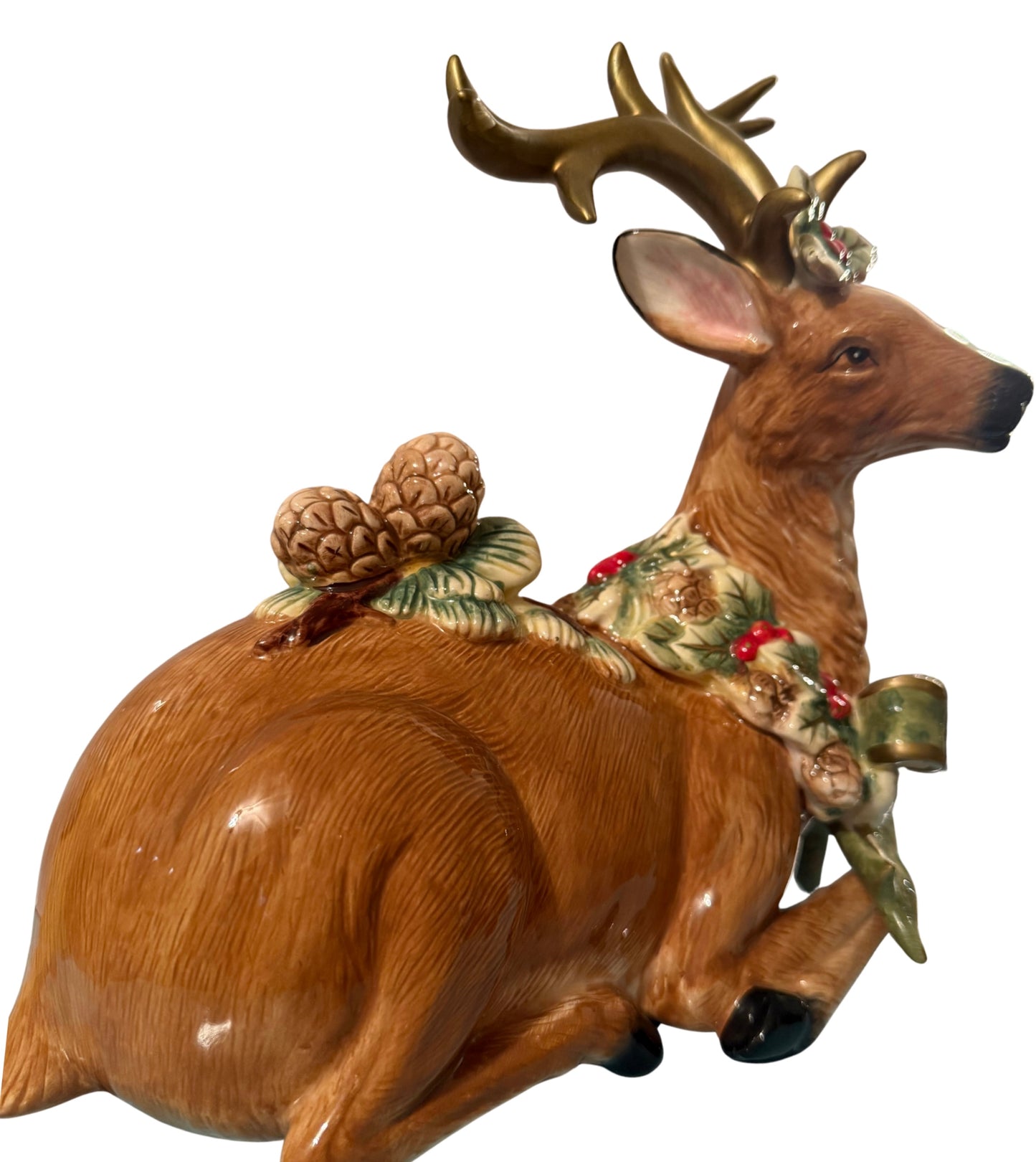 Ceramic Deer with Holly Wreath