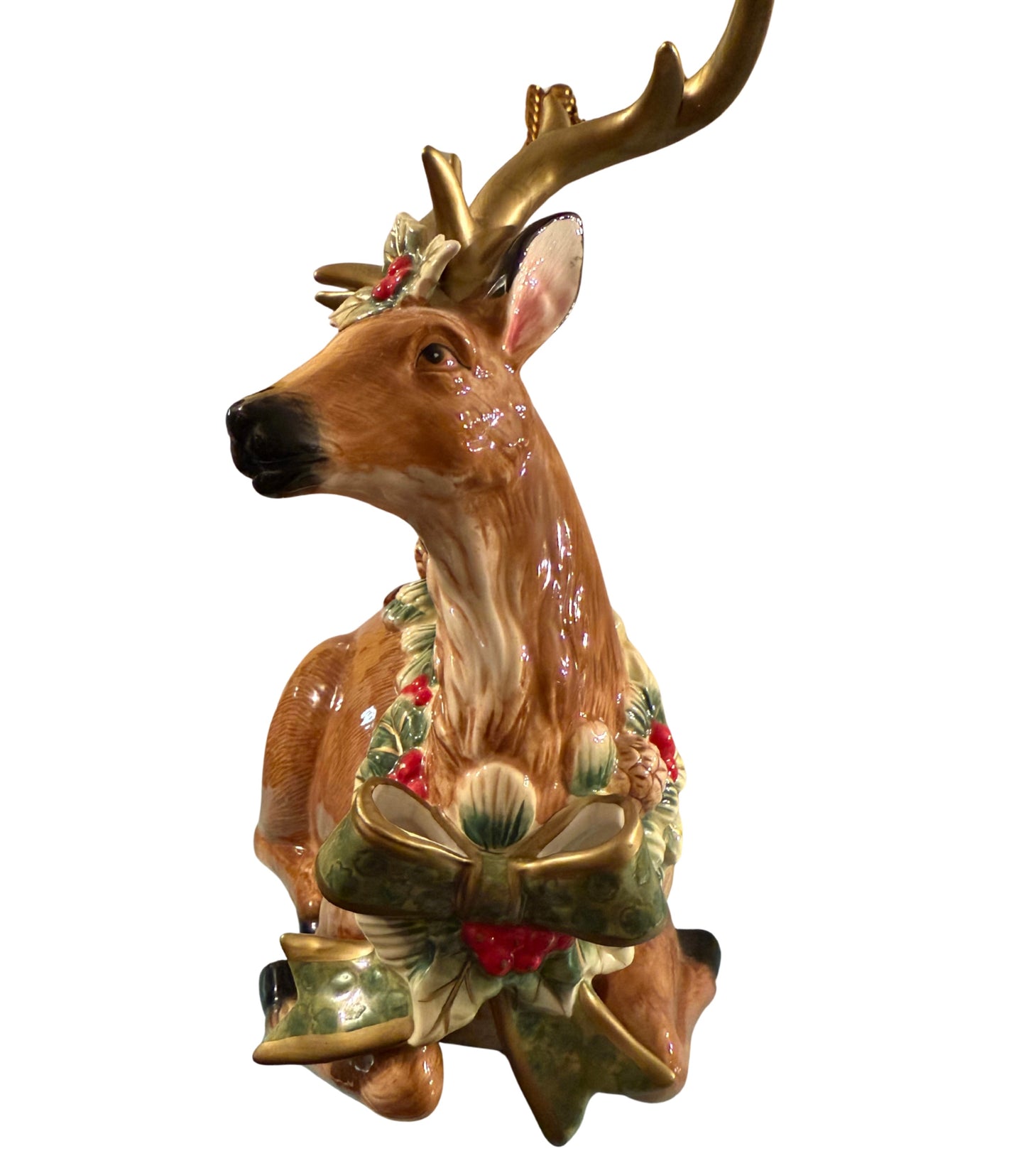 Ceramic Deer with Holly Wreath