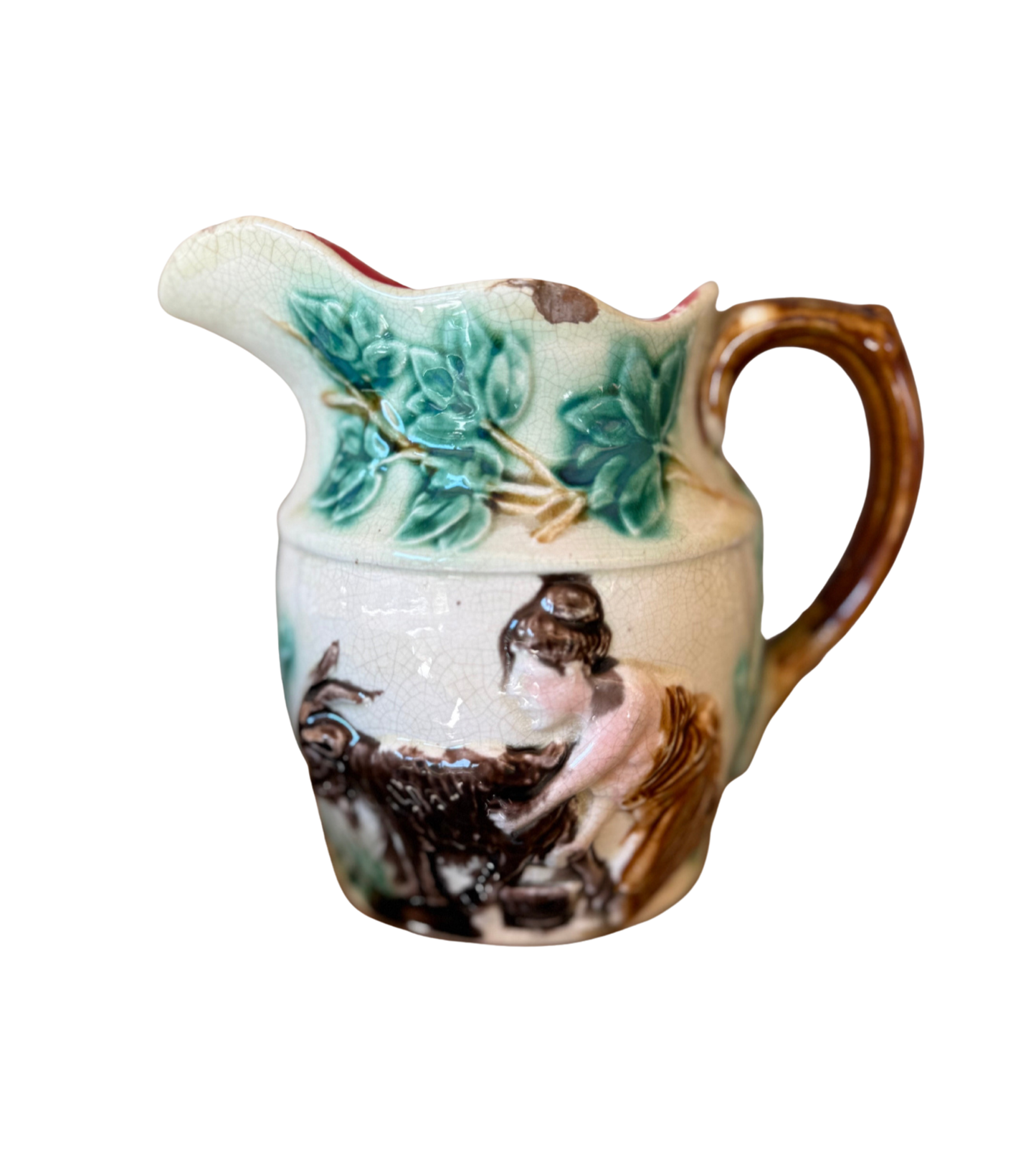Antique Majolica Goat & Shepherd Jug