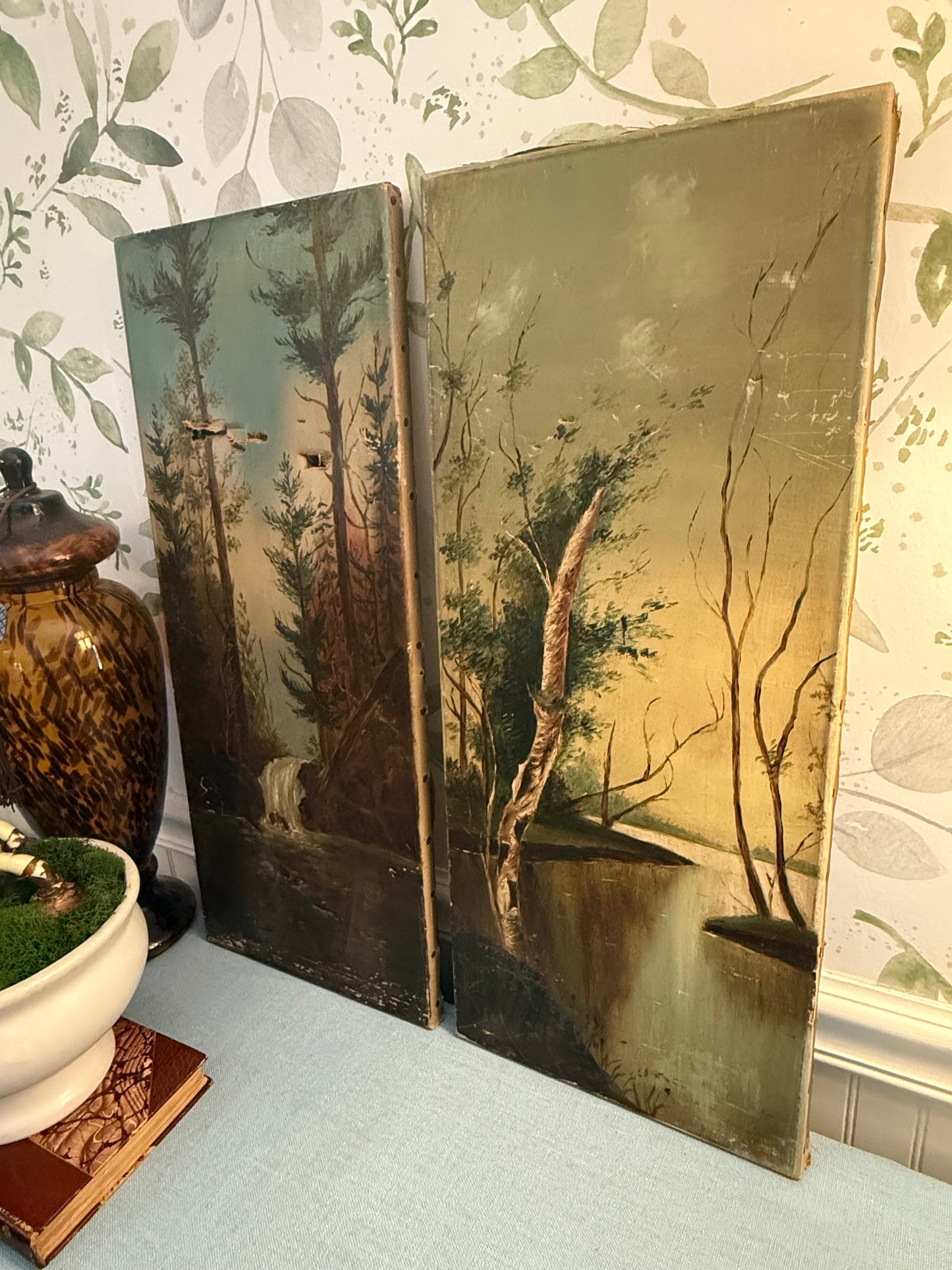 Pair of Antique Hand-Painted Landscape Panels
